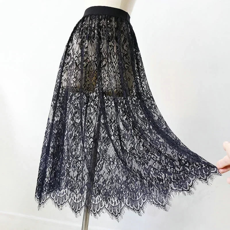 2 Length Elegant Black Skirt White Lace Transparent Long Tulle Skirt Ladies Elastic High Waist Beach Midi Skirt