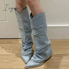 Ingvn - Pleats Blue Denim Thigh High Boots for Women 2023 Autumn Thick Heeled Pointed Toe Cowboy Boots Woman Slip On Western Long Boots