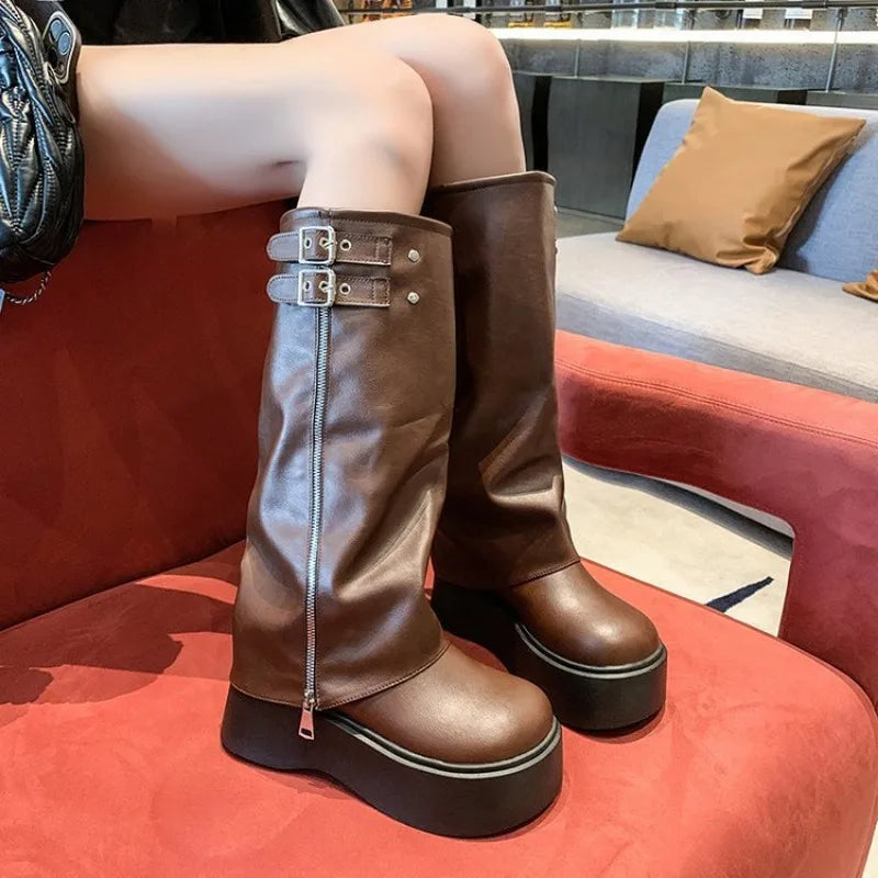 New Autumn Versatile Women's Platform Flat Heel Women's Long Boots Fashion Zipper Rider Botas Casual Goth Knee-high Boots