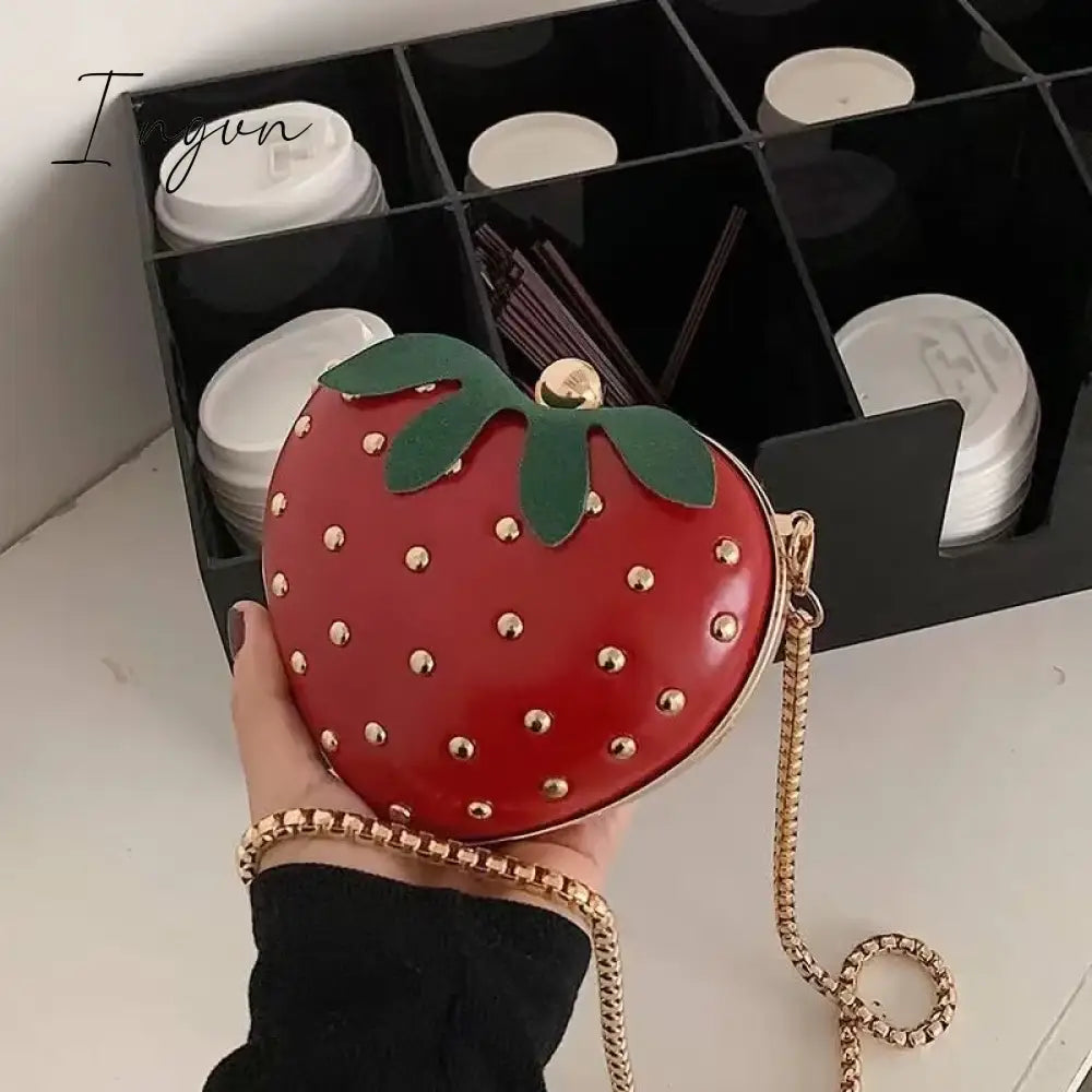 Ingvn - Cute Fruit Strawberry Heart Shape Pu Rivet Mini Fashion Ladies Chain Purse Clutch Bag Shoulder Bag Tote Female Flap Handbag Q5