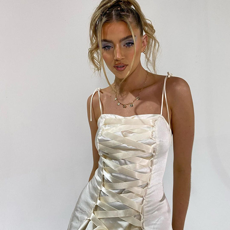 Solid Charmeuse Bandage Backless Sleeveless Shirring Lace-up Dress Summer Women Woods Elves Style Streetwears