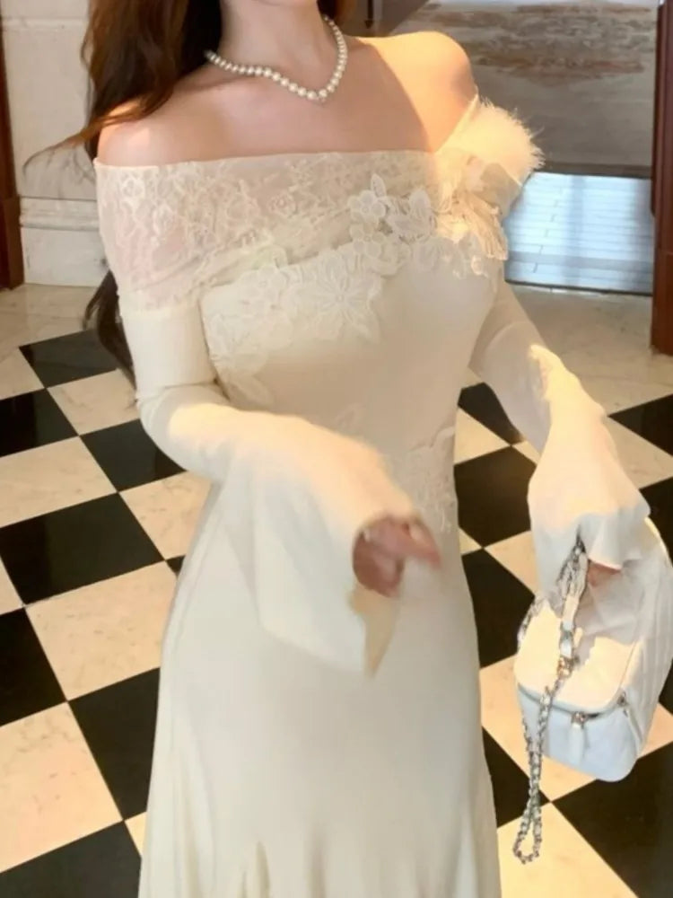 Elegant Solid Mermaid Long Dress for Women Autumn Chic Off Shoulder Flare Sleeve Bodycon Vestidos Vintage Evening Party Robe New