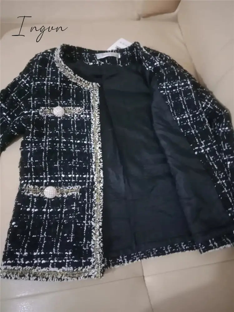 Ingvn - 2023 Trends Hot Sale Kurta For Women Cropped Tweed Coat Vintage O-Neck Open Stitch Tassel Slim Plaid Jacket Korean Blends Wool Outwear Tops Female