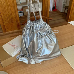 Ingvn  Elegant Silver Womens Backpack Pleated String Korean Style Fashion Small Backpack Designer Exquisite Daily New Female Bag