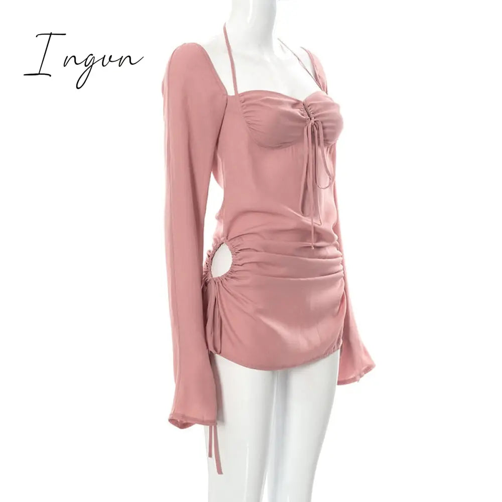 Ingvn - Going Out Outfits Spring Elegant Cut Out Halter Bodycon Mini Dress Women Sexy Flare Long Sleeve Drawstring Backless Party Dresses