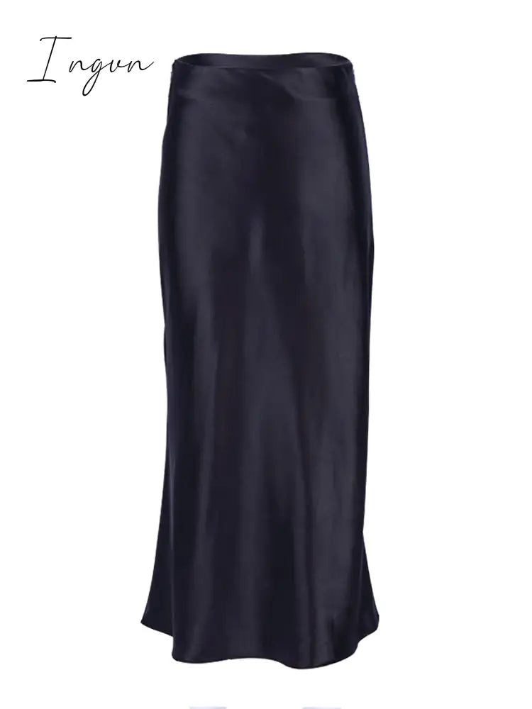 Ingvn - Solid Purple Satin Silk Skirt Women High Waisted Summer Long Skirt New Elegant Ladies Office Skirts Midi Spring