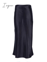 Ingvn - Solid Purple Satin Silk Skirt Women High Waisted Summer Long Skirt New Elegant Ladies Office Skirts Midi Spring
