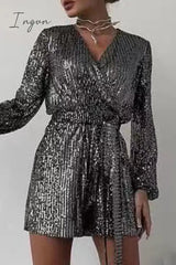 Ingvn- Solid Bandage Sequins V Neck Loose Rompers