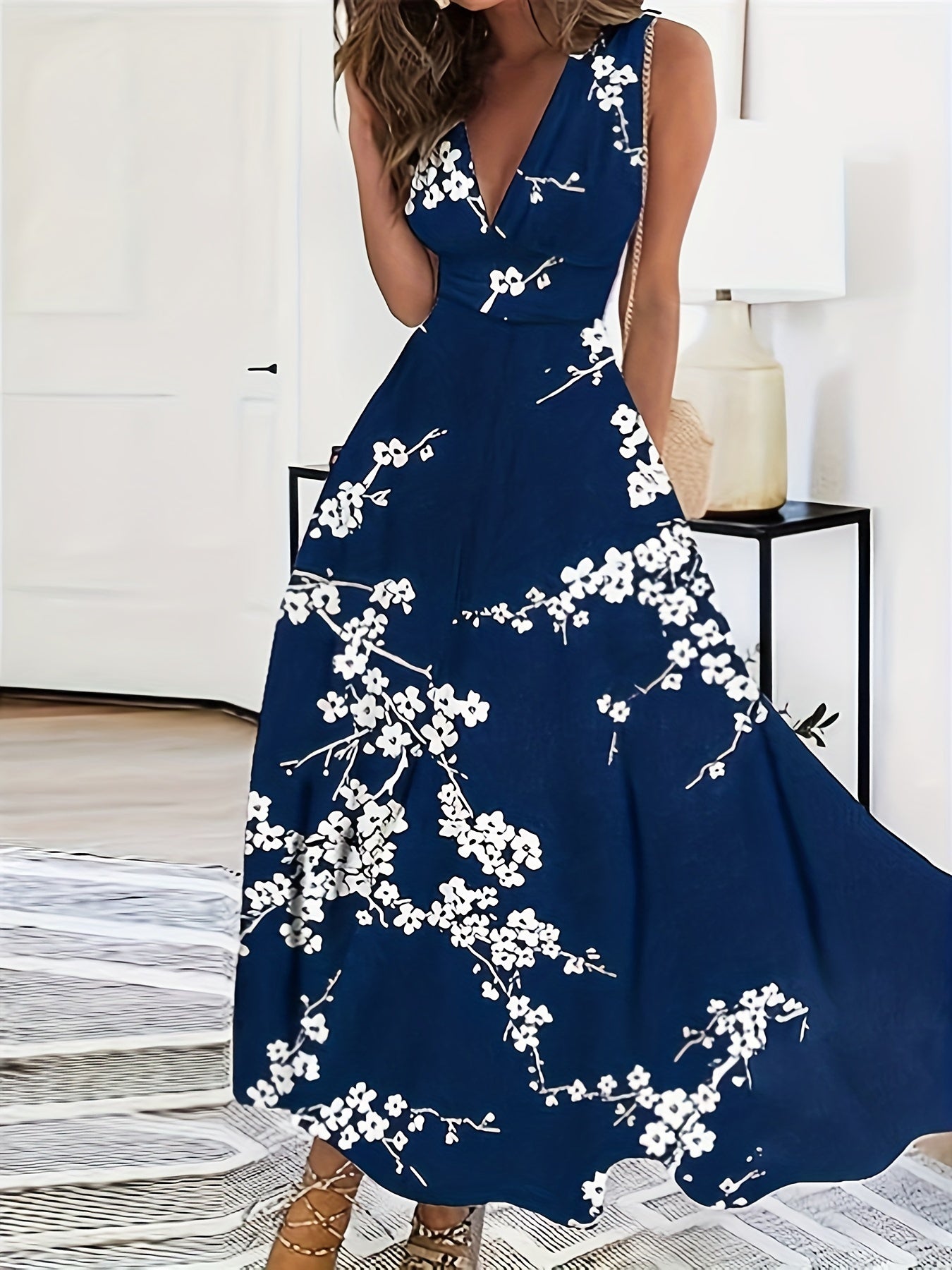 Floral Print Sleeveless Dress, Boho V Neck Simple Maxi Dress, Women's Clothing