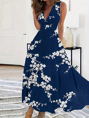 Floral Print Sleeveless Dress, Boho V Neck Simple Maxi Dress, Women's Clothing