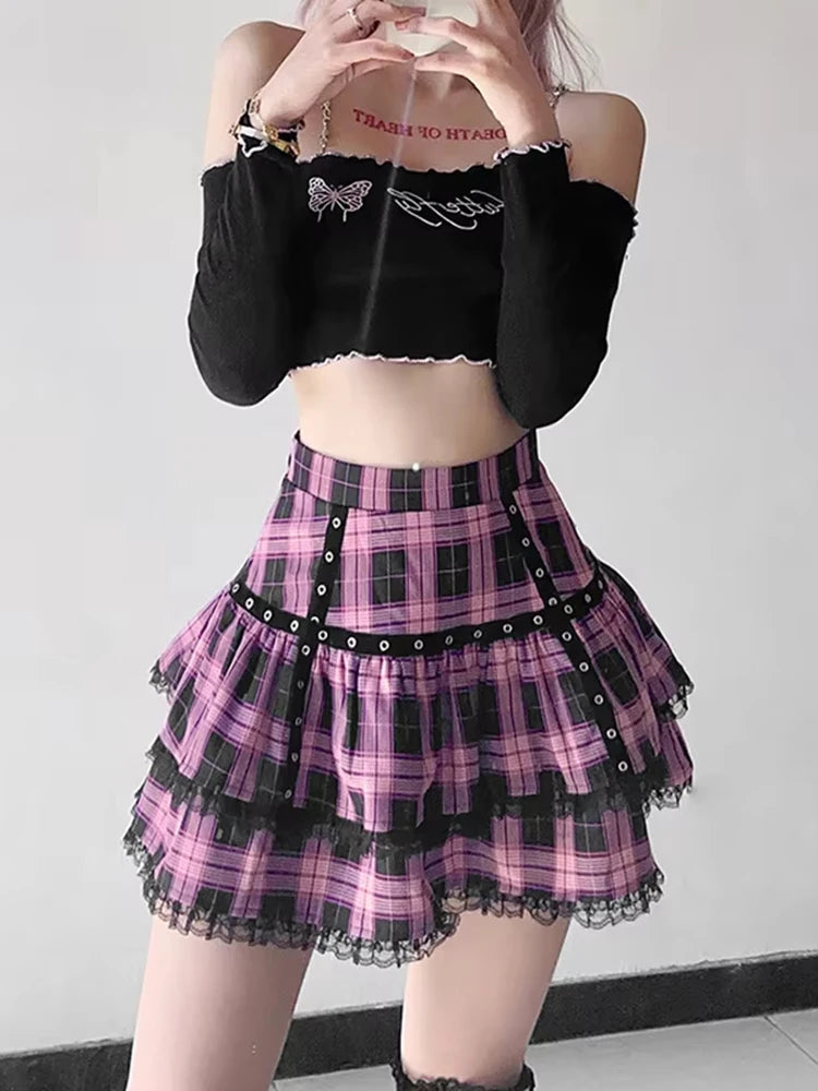 Mall Goth Gothic Lace Ruffle Mini Skirts Womens Harajuku Fairy Grunge Pink Plaid Pleated Skirt Japanese Lolita Streetwear