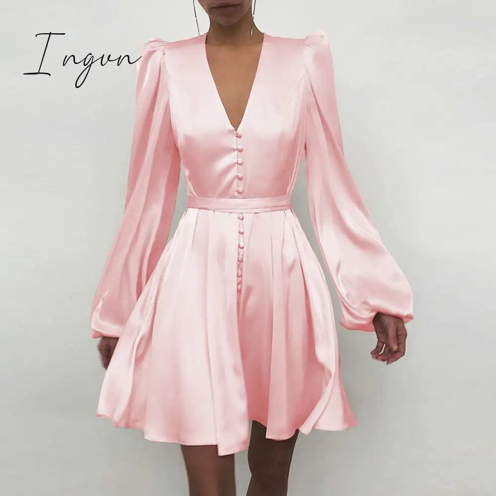 Ingvn - High Quality New Women Elegant Solid Ruffle Dress Sexy Lantern Sleeve Satin Slim A-line Dress Spring Autumn V-neck Party Dresses Vestido