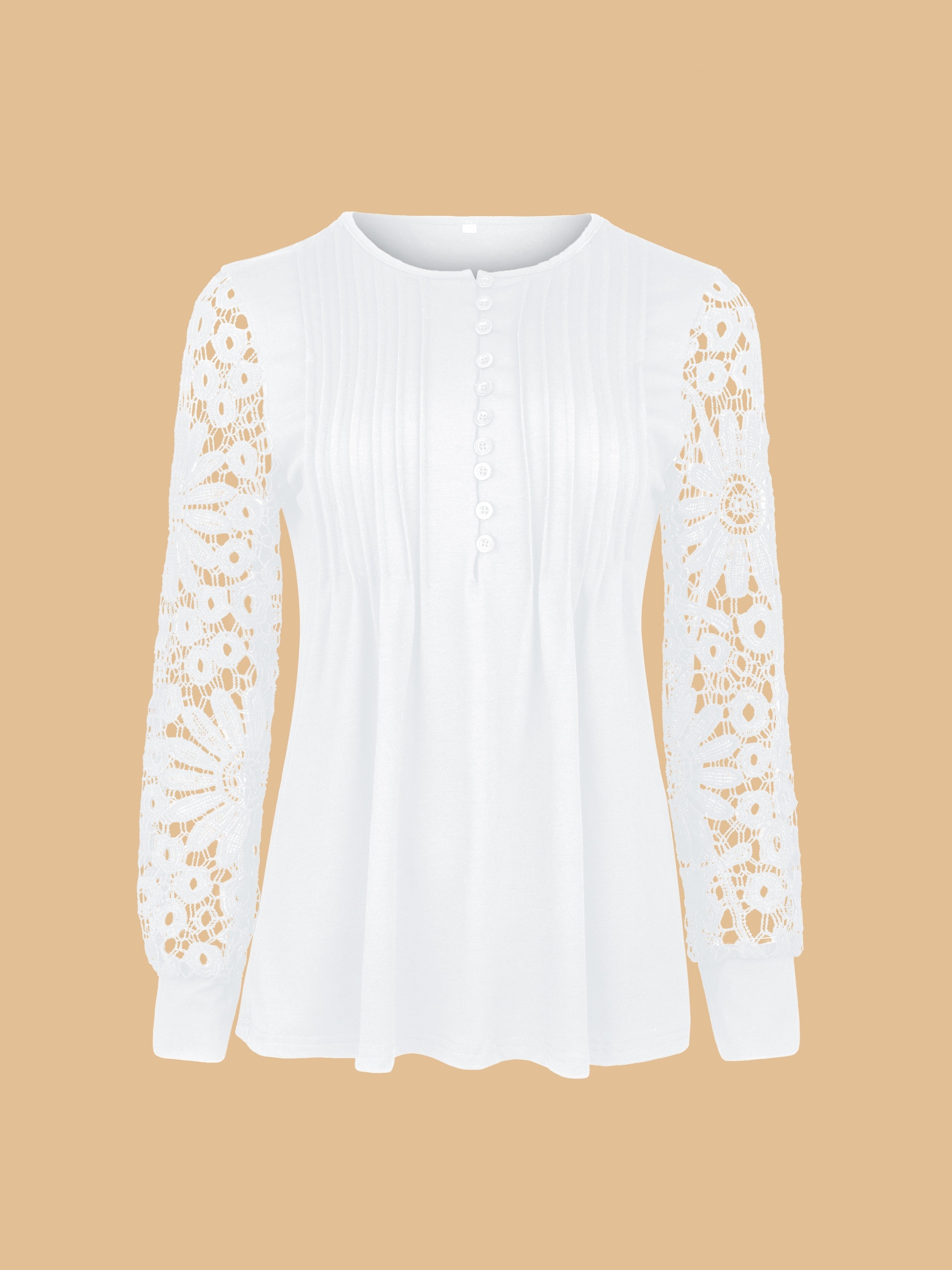 Vibrant Lace Accent Pleated Front Long Sleeve T-Shirt - Chic Button V Neck, Casual Everyday Wear, Soft Fabric, Flattering Fit, Women's Stylish Clothing for Daily Life