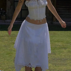 Women Hollow Out Embroidery White Strapless Top Sexy Backless Lacing Up Back Holiday Summer Crop Top Cotton