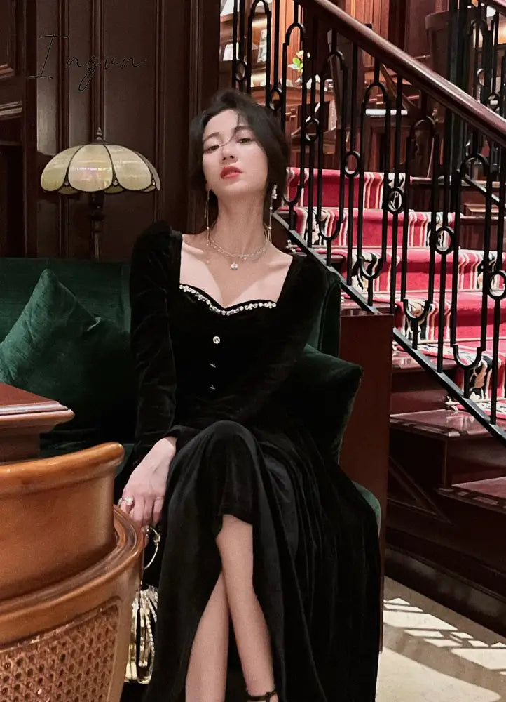 Ingvn - Summer New Elegant Spaghetti Strap Velvet Vintage Black Dress Women Sexy Prom Evening Party Fashion Clothing