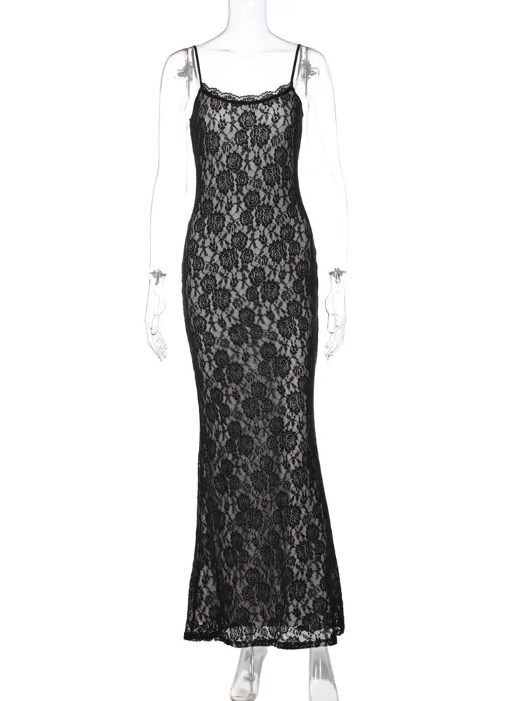 Black Lace Sexy Maxi Dress For Women Slipdress Spaghetti Strap Sleeveless Backless High Waist Bodycon Club Long Dress