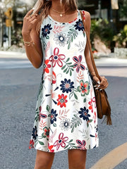 Vibrant Floral Print Crew Neck Tank Dress - Elegant, Sleeveless, Loose Fit, Comfortable, Breathable, Spring & Summer Essential - Women's Stylish Clothing for Warm Weather