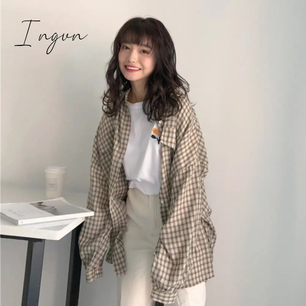 Ingvn - Single Breasted Loose Plaid Shirt