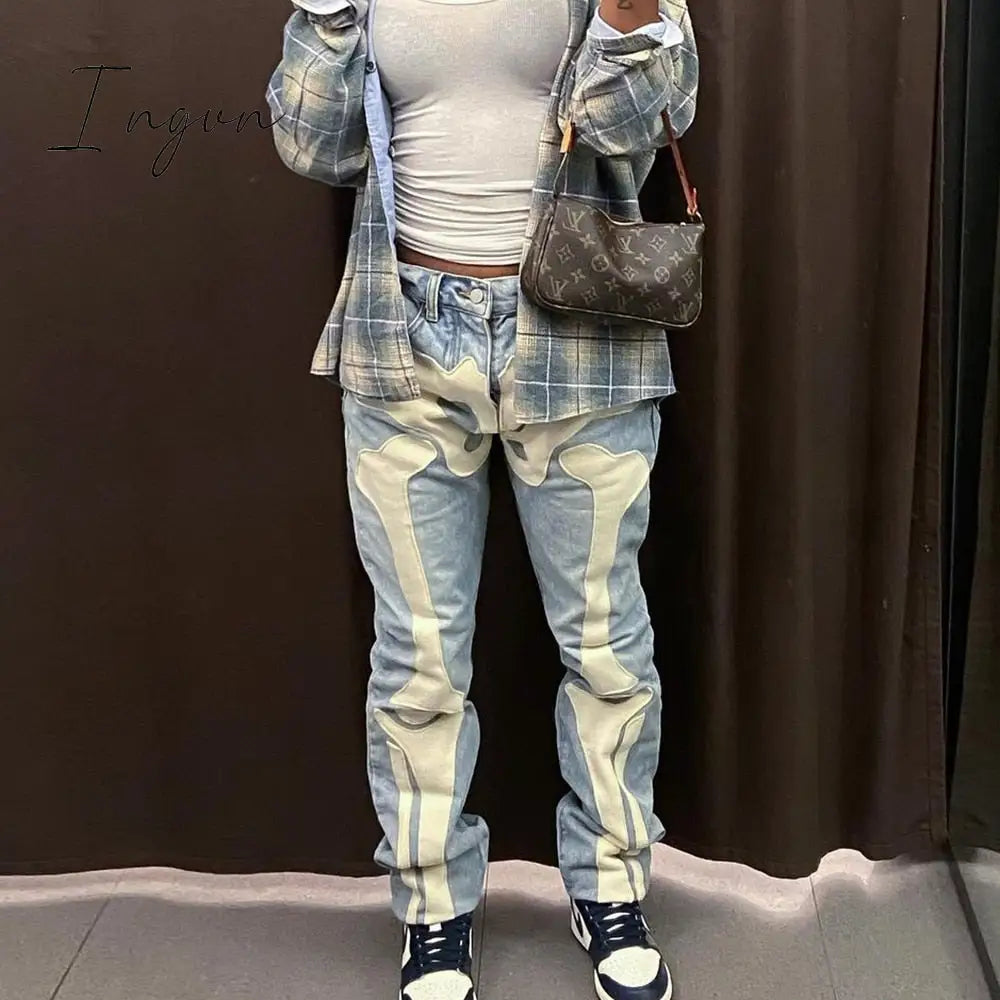 Ingvn - Women Skeleton Printed Jeans Trousers Casual Halloween Pattern Mid-waist Button Pencil Pants Autumn Y2K Gothic Fashion Bottoms
