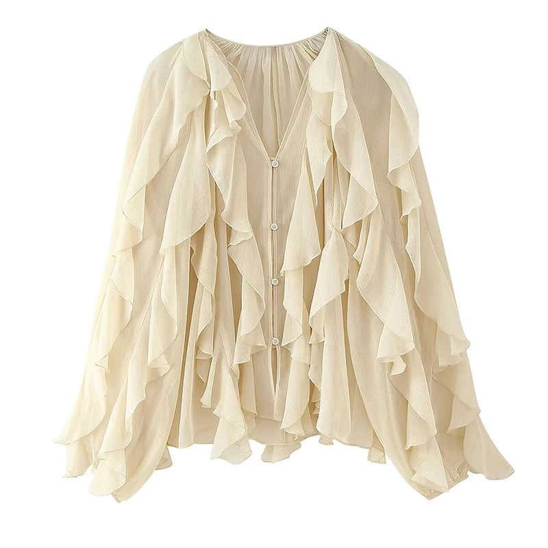 New Women Sexy Semi-sheer Ruffle Shirt Long Sleeve V Neck Front Button Spring Blouse Burgundy Blusas Mujer