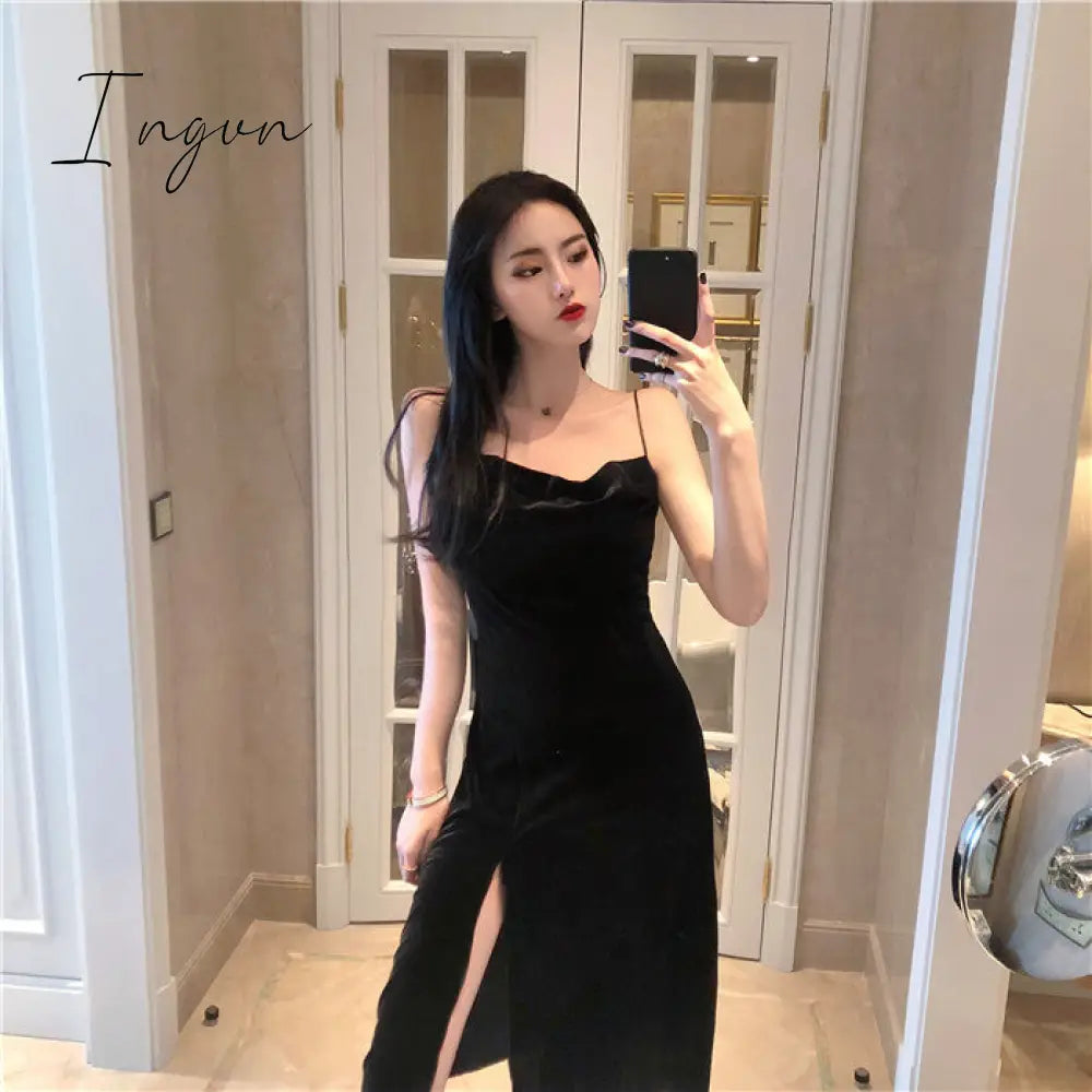 Ingvn - Brand New Women Dress Spaghetti Strap Slit Velvet Black Dress Sexy Bodycon bandage Dress Midi Party Dress Vestidos Verano