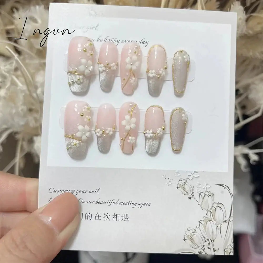 Bow Ice Translucent Sense Handmade Wearable Fake Nail Gradient AB Asymmetric Almond False Nails Trim Nail Shape Nail Decoration