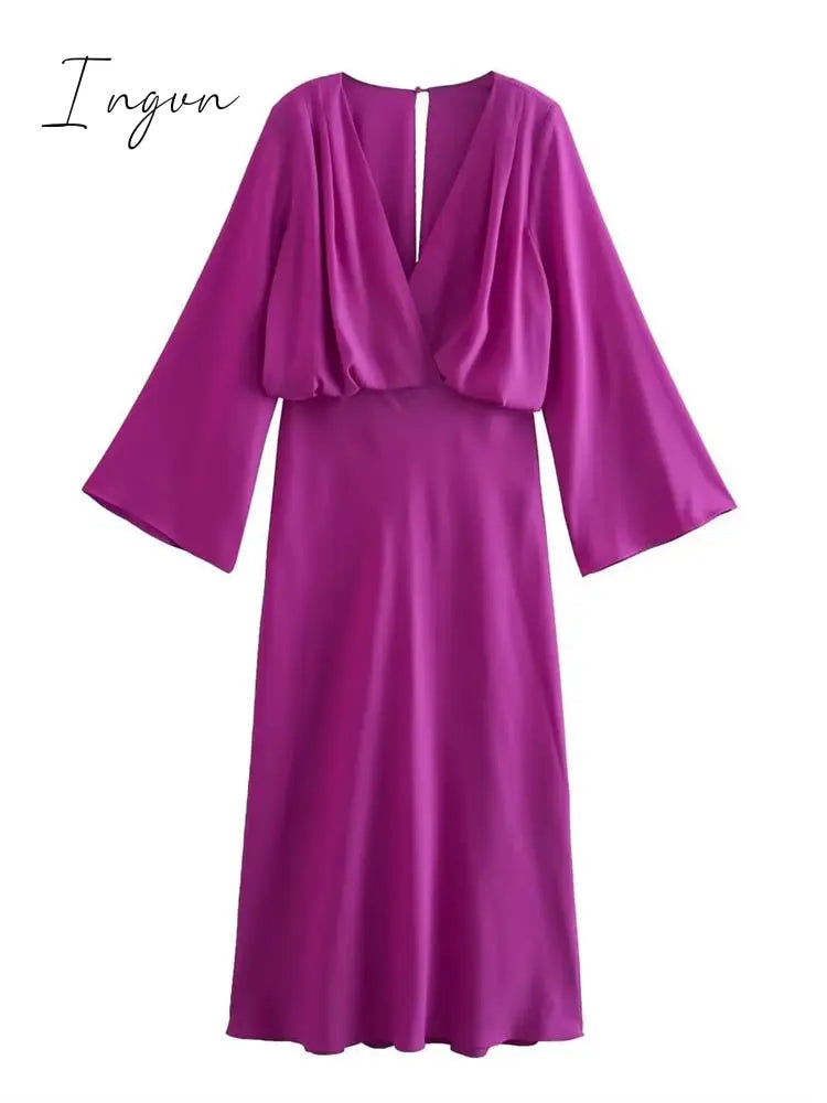 Ingvn - Flare Sleeve Solid Purple V Neck Long Dresses A-line Elegant High Waisted Loose Midi Dress 2023 Woman Casual Ladies Vestidos