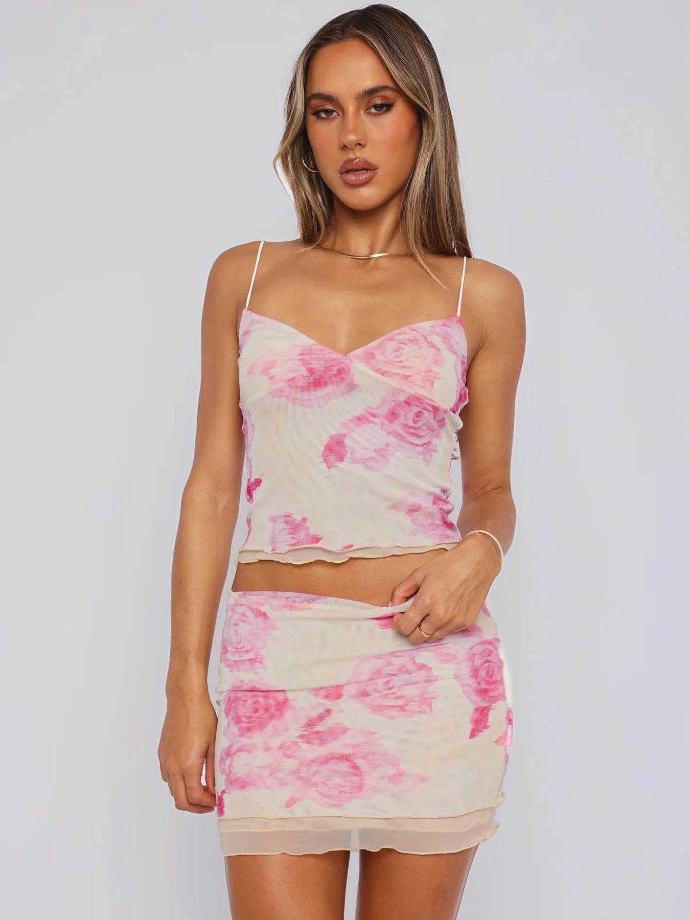 2 Piece Floral Print Halter Vacation Low Waisted Mini Skirt Set Y2k Fashion Camisole Korean Style Women's Clothes