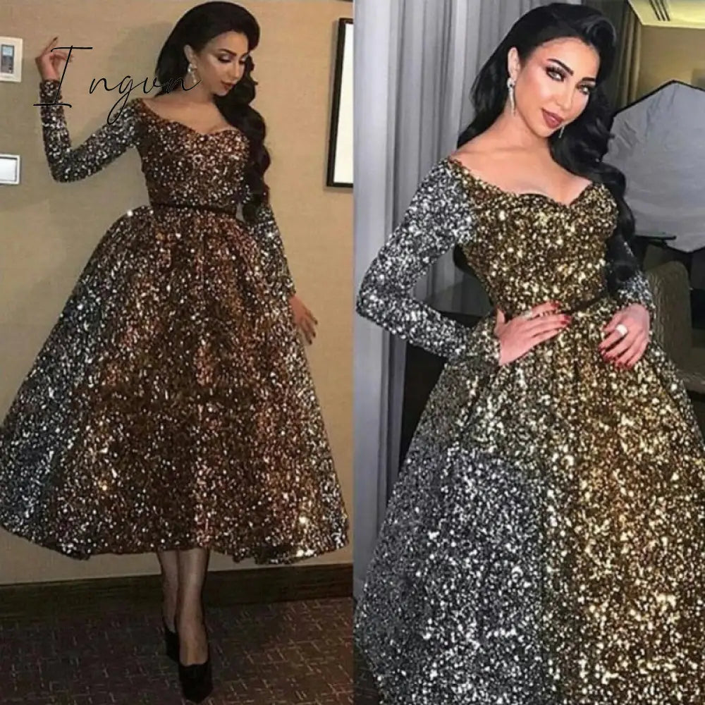 Ingvn - Evening Celebrity Prom Ball Gown Dresses 2023 Woman Party Night Short Elegant Plus Size Arabic Dubai Gold Formal Dress