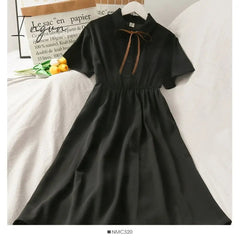 Ingvn - Dress Women Chiffon Bow Solid High Waist Turn-down Collar Preppy Style Kawaii Ulzzang Popular Temperament Girls Summer Holiday