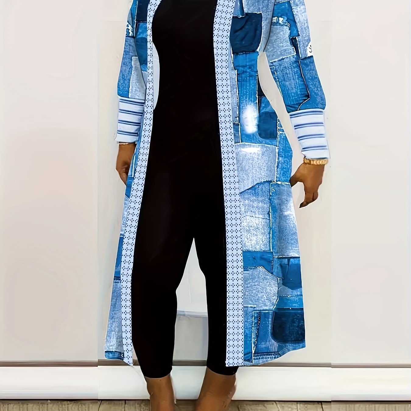 Long Sleeve Colorblock Geometric Print Casual Open Front Cardigan, Women's Clothing