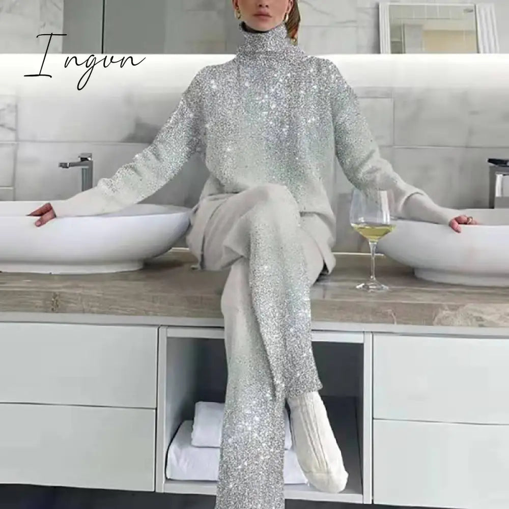Ingvn - Oversized Turtleneck Tops Loose Long Trousers Set Women Streetwear Casual Pants Two Piece Set Femme Warm Long Sleeve Pants Suit