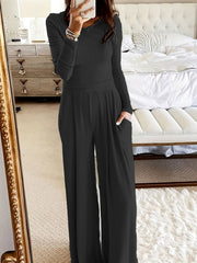 Chic Solid Two-Piece Set - Soft Knit Crew Neck Top & High Waist Wide Leg Pants - Comfortable Casual Outfit for Women