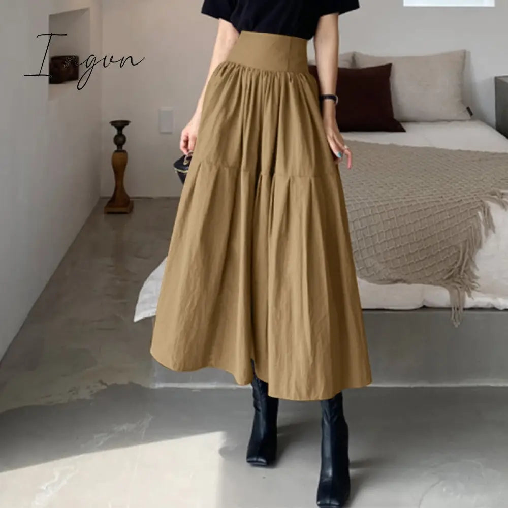 Ingvn - 2023 Fashion High Waist Skirt Women Vintage Pleated Zipper Swing Long Skirt Casual Loose Solid A-line Party Beach Skirt