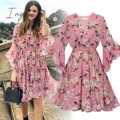 Ingvn - Chiffon High Elastic Waist Party Dress Bow A-line Women Butterfly Sleeve Flower Print Floral Boho Dress Female Vestido Plus Size