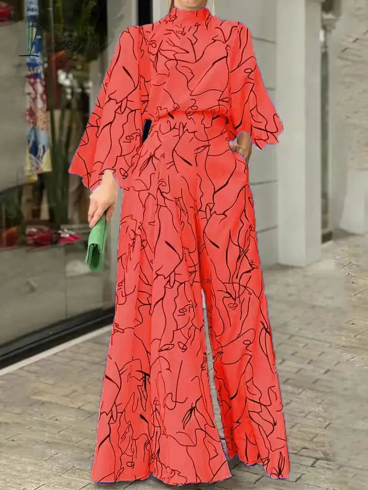 Ingvn - Summer European and American Women's Dress Elegant Waist Tie up Long Sleeve Hanging Neck Pants Print Jumpsuits