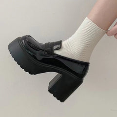 Super High Heels Loafers Women  Spring Patent Leather Chunky Platform Pumps Woman Slip On Black Jk Uniform Shoes Mary Janes