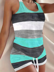 Elastic Comfort: Women's Spring/Summer Striped Two-Piece Set - Casual Sleeveless Tank & Adjustable Shorts, Easy Care & Stylish