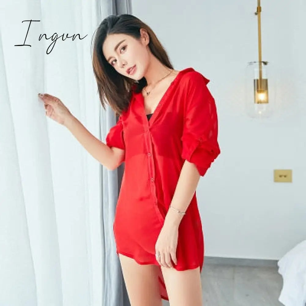 Ingvn - S-5XL Sexy Lingerie Blouse Women Home Boyfriend Style White Button Shirt