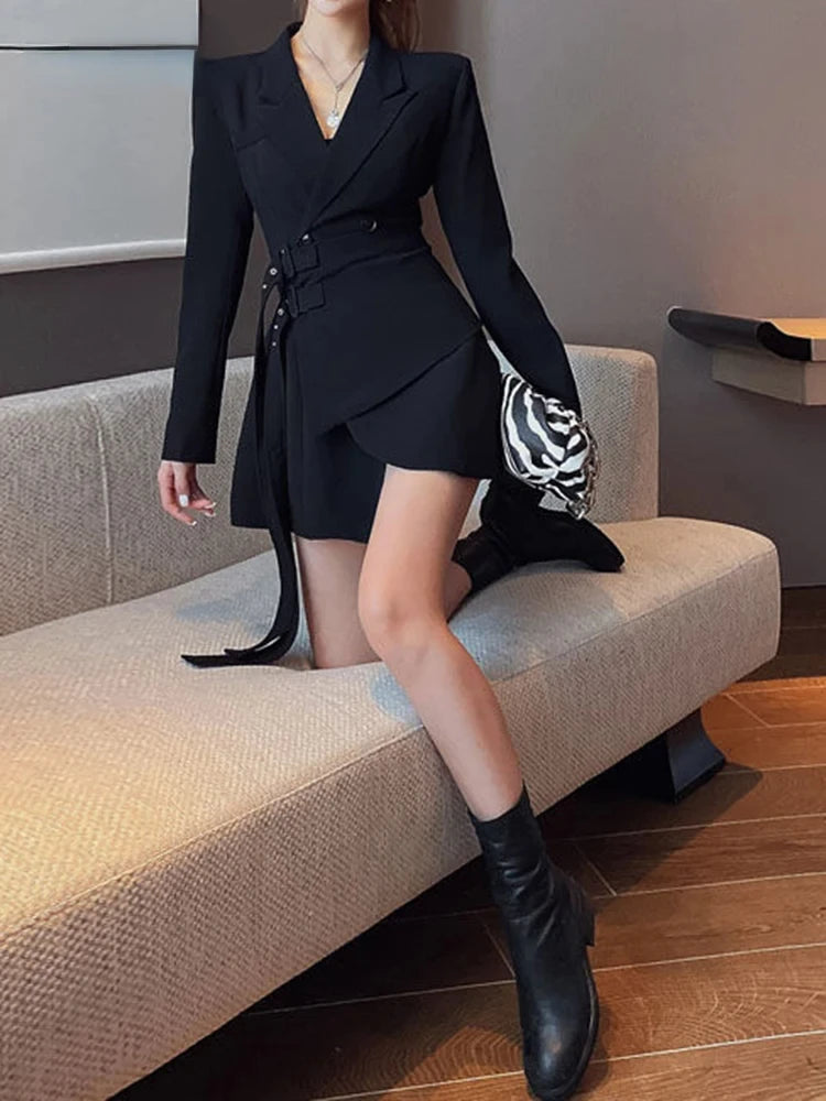 Mini Party Blazer Dress Women Korean One-piece Office Lady Elegant Dress Chic Sashes Design Long Sleeve Clothes Winter