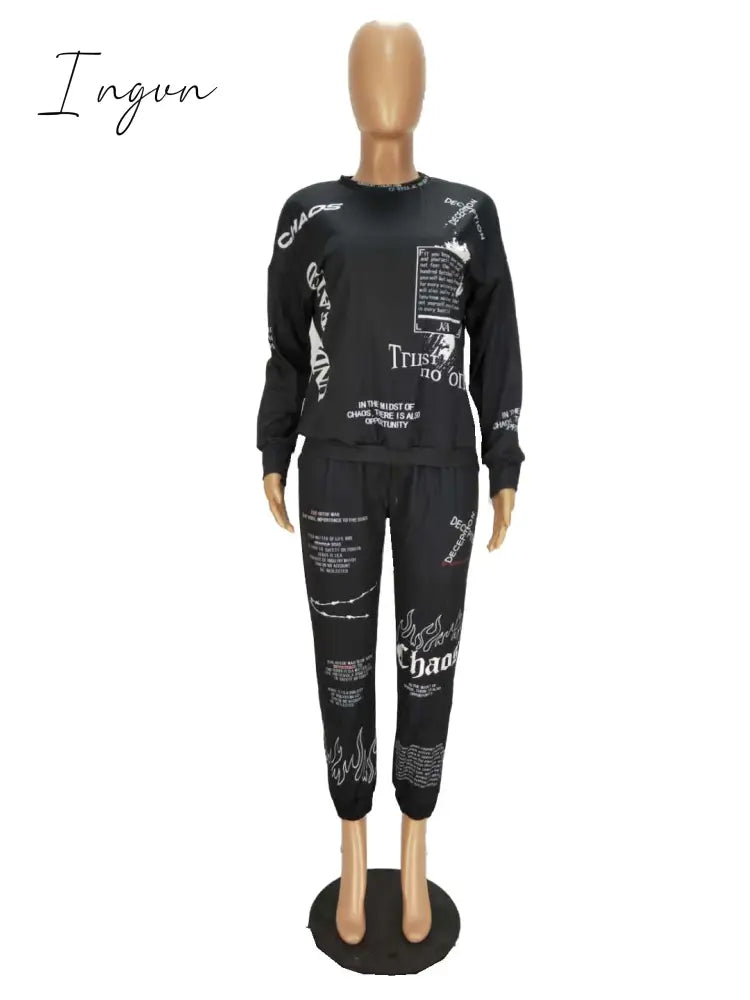 Ingvn - Trends Women Tracksuit 2 Piece Set Autumn Letter Print Oversized Hoodies Sweatshirt Joggers Pants Suit Sweatpants Outfits Matching Set