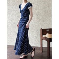 French Style Lace Polyester Fiber Stitching dress Summer V-Neck Elegant Wave Dot Tight Waist