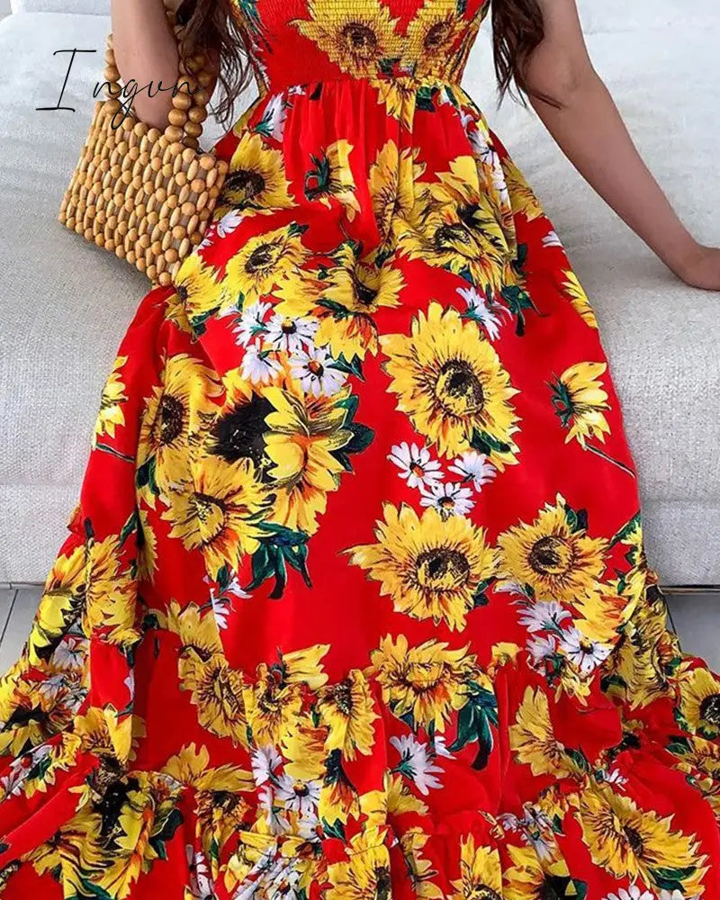 Ingvn - Women Sexy Open Back Sunflower Print Bandage Boho Maxi Dress Summer Beach Holiday Halter Sleeveless Long Dress