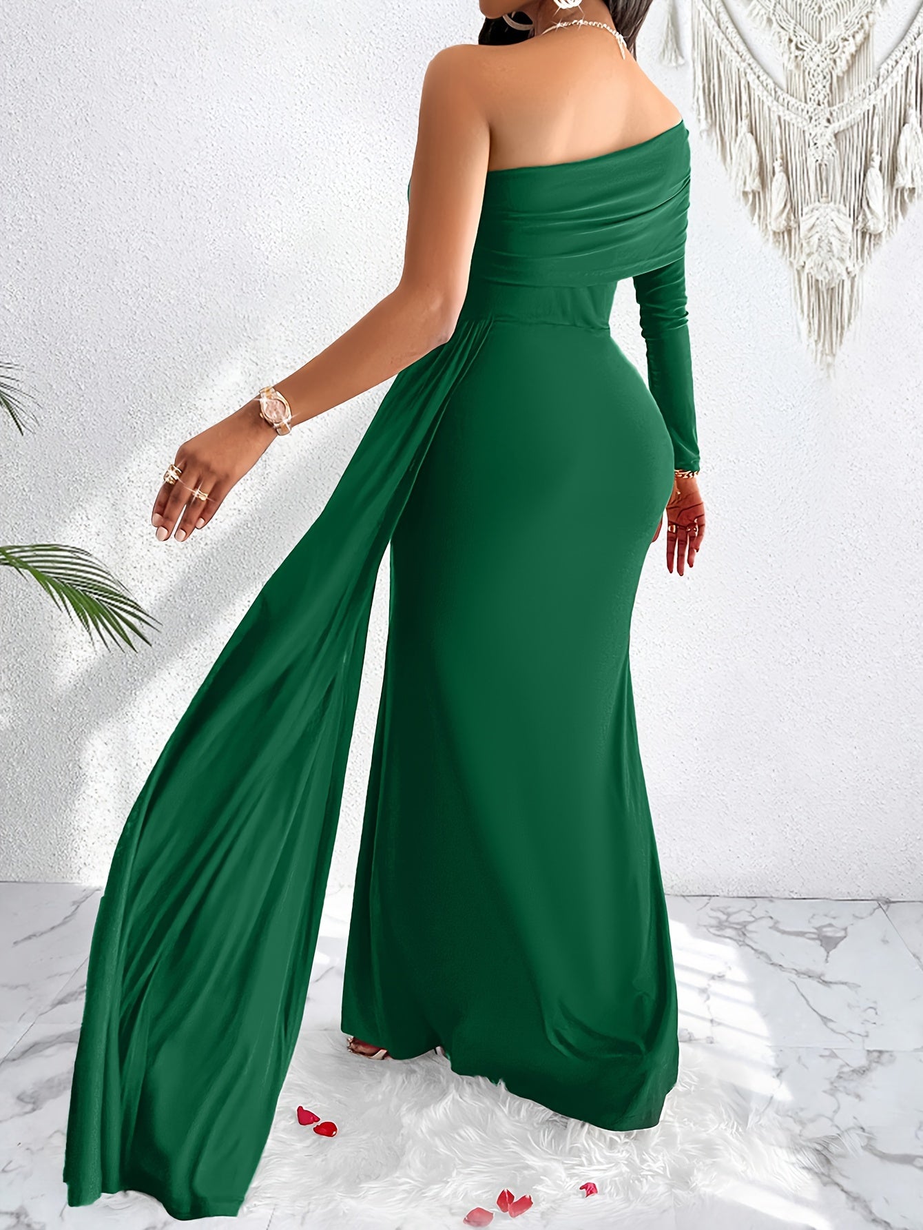 One Shoulder Asymmetrical Flowy Dress, Elegant Ruched Maxi Dress For Party & Banquet, Women's Clothing