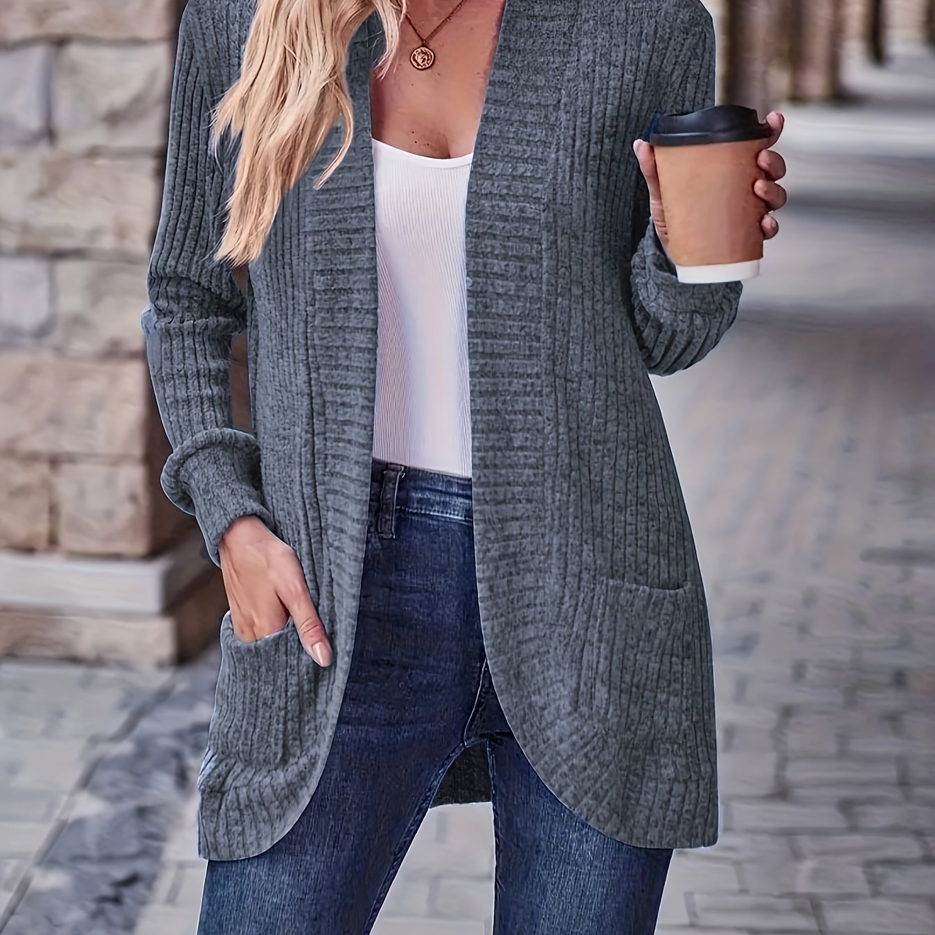 Solid Color Open Front Cardigan, Versatile Long Sleeve Pockets Cardigan For Spring & Fall, Women's Clothing