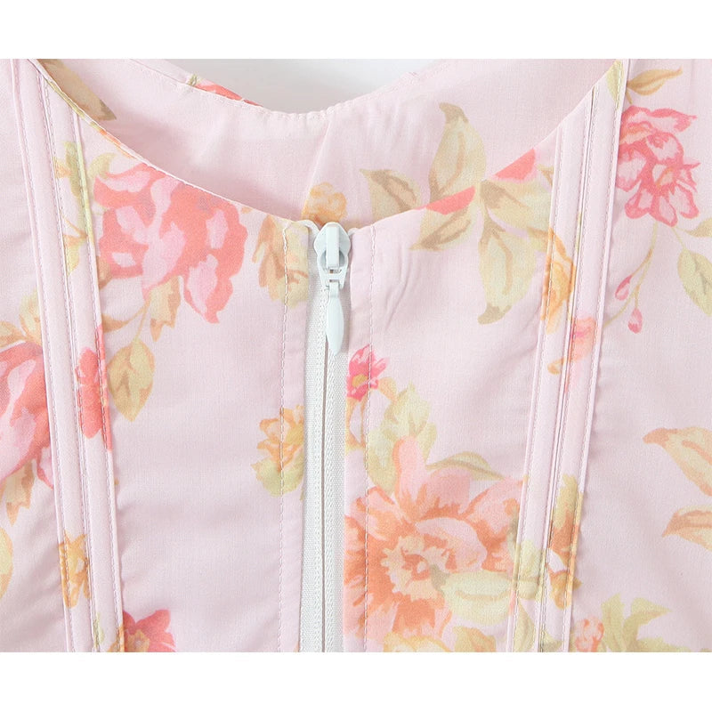 New Women Floral Print Pink Bone Slim Tank Top Pleated Ruffle Hem Summer Corset Crop Top Holiday ropa de mujer