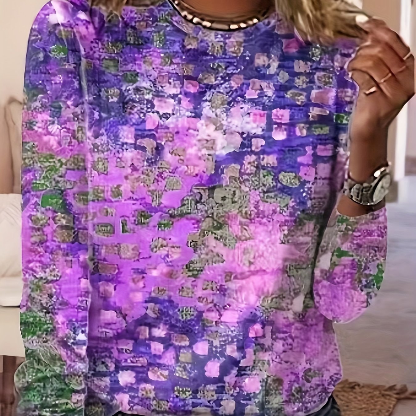 Graphic Print T-shirt, Vintage Crew Neck Long Sleeve T-shirt, Women's Clothing