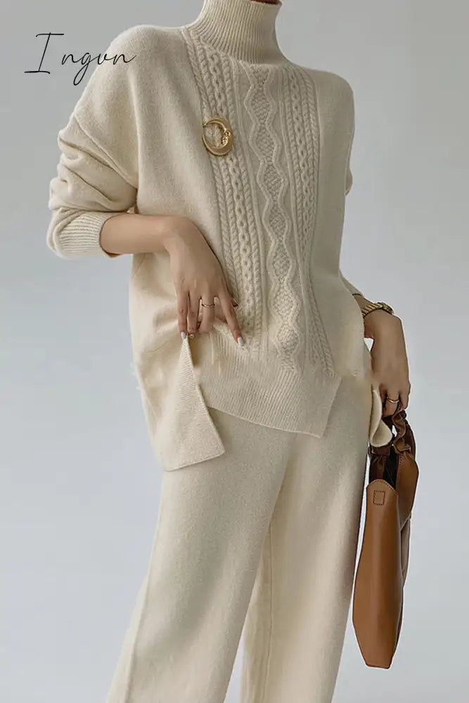 Ingvn - Casual Solid Slit Turtleneck Long Sleeve Two Pieces