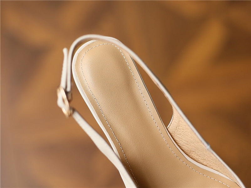 Meotina Genuine Leather Women Slingbacks Shoes Cow Leather Buckle Thin Heels Pumps Pointed Toe Med Heel Ladies Footwear Spring