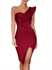 One Shoulder Ruffle Dress Side Split Bodycon Bandage Dress Wedding Guest Dress